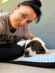 Kim Marks, The Pet Bestie, selfie with Kimo the senior dog in Redwood City CA