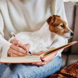 Person writing in a notebook with a dog resting on their lap, showcasing pet care services.